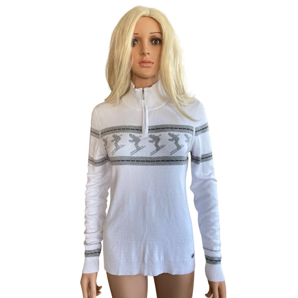 Nils Skier 2 Knit Sweater Women's Large White Gray Nordic Après Ski 1/4 Zip - Picture 4 of 13